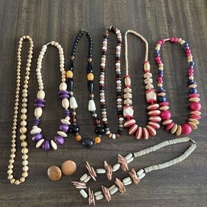 Lot 7 VTG Chunky‎ Fashion Necklace  Amber Acrylic Lucite Wood Bead Disc Earrings